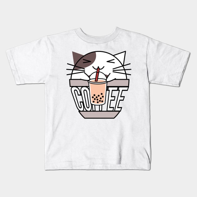 Cat in coffee cup with warped text drinking boba brown Kids T-Shirt by coffeewithkitty